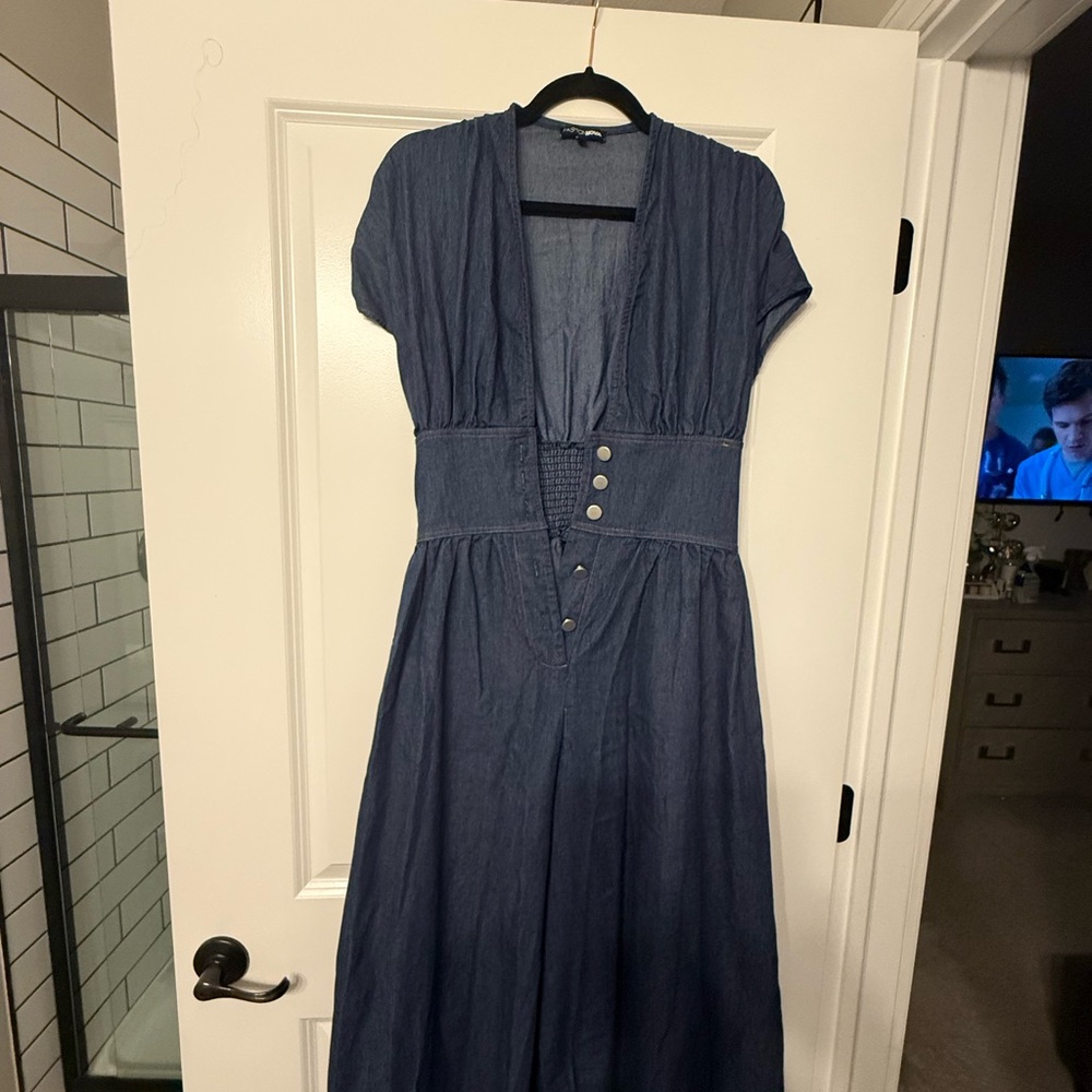 Blue Denim-Style Women’s V-Neck Midi Dress